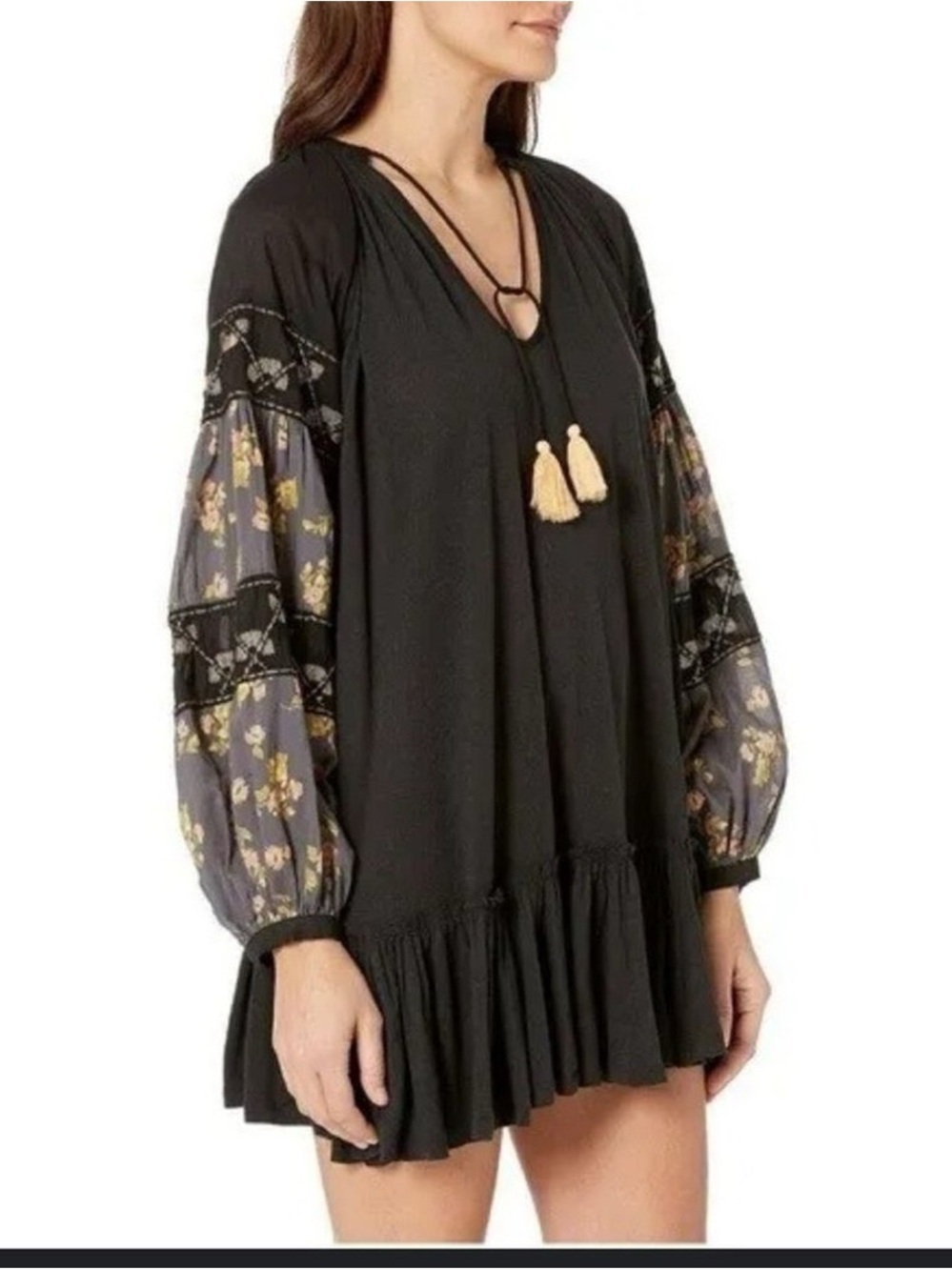 Free People Mix it Up Black Mini Tunic Dress with Floral Balloon Sleeves
